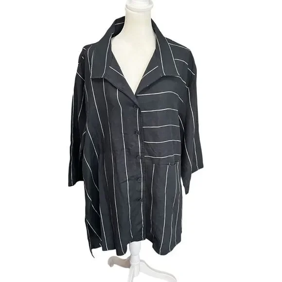 Lisa Bayne 100% Linen Black White Pinstripe Oversized Button Shirt XL Tunic - Picture 2 of 7